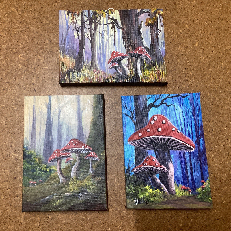 "Mushrooms" Miniature Original Acrylic Painting On Stretched Canvas 7x 5” By Sue Hend-Hand Picked Imports