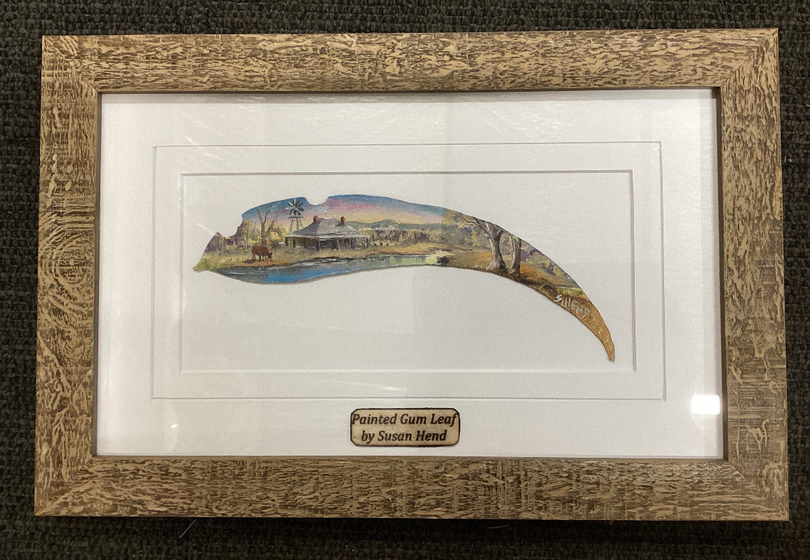 Hand Painted Gum Leaf Country Scene with Cow By Artist Sue Hend Russell-Hand Picked Imports