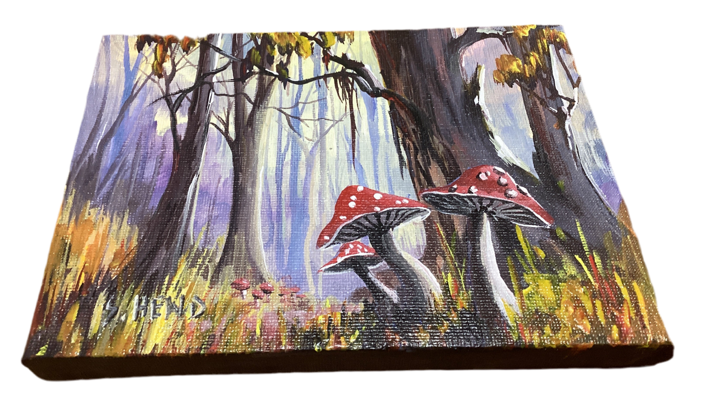 "Mushrooms" Miniature Original Acrylic Painting On Stretched Canvas 7x 5” By Sue Hend-Hand Picked Imports