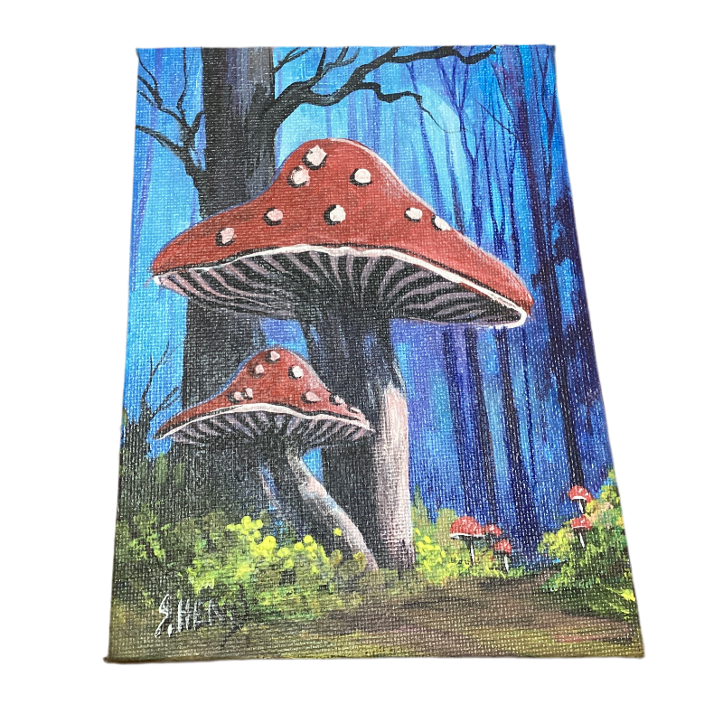 "Mushrooms" Miniature Original Acrylic Painting On Stretched Canvas 7x 5” By Sue Hend-Hand Picked Imports