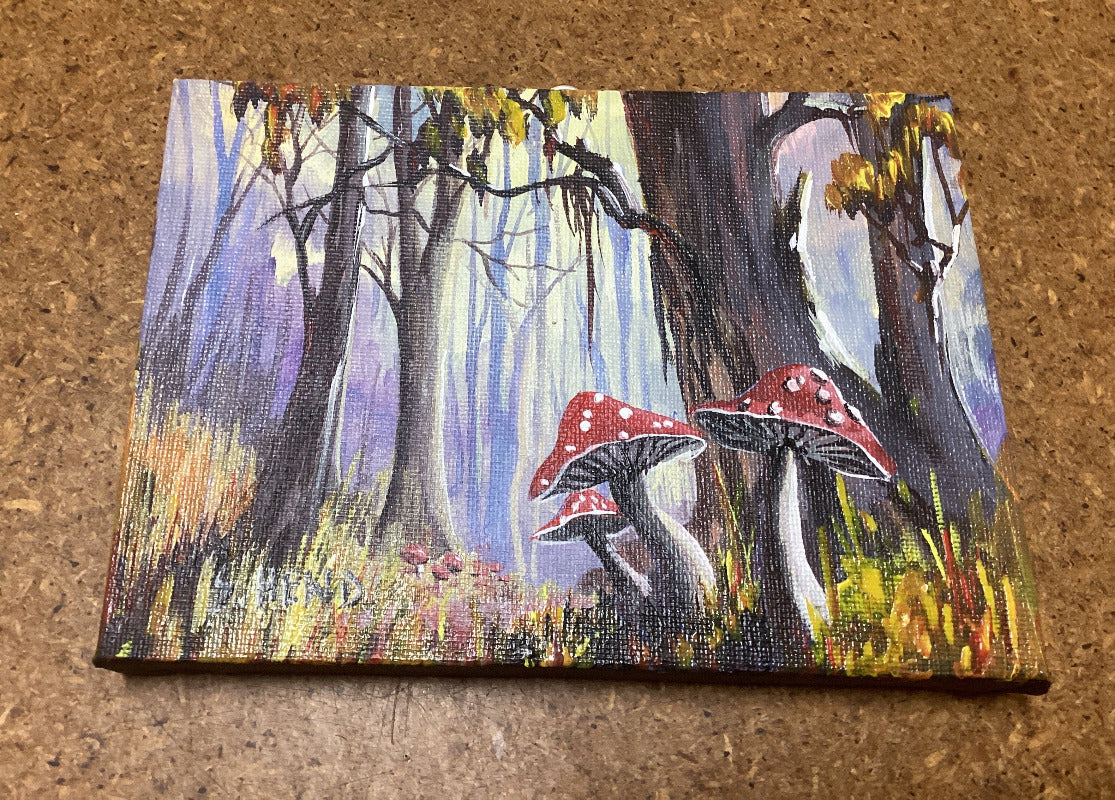 "Mushrooms" Miniature Original Acrylic Painting On Stretched Canvas 7x 5” By Sue Hend-Hand Picked Imports