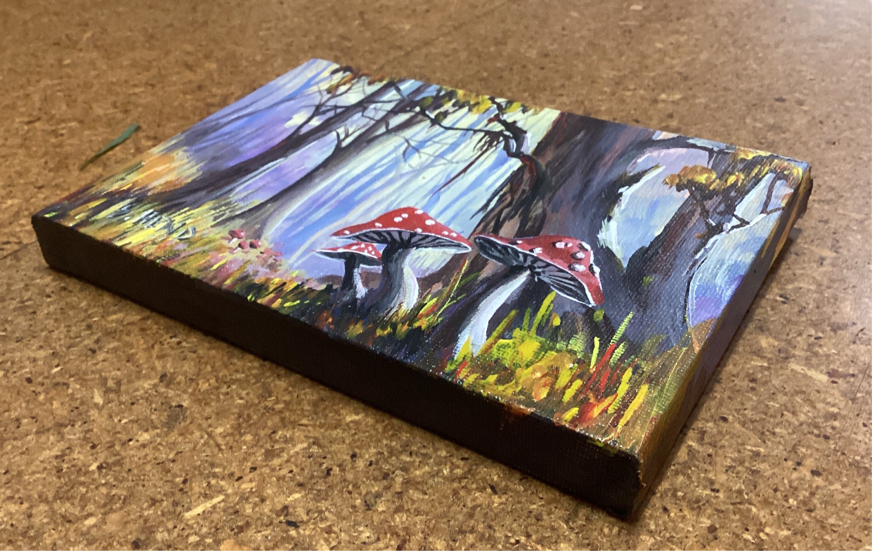 "Mushrooms" Miniature Original Acrylic Painting On Stretched Canvas 7x 5” By Sue Hend-Hand Picked Imports