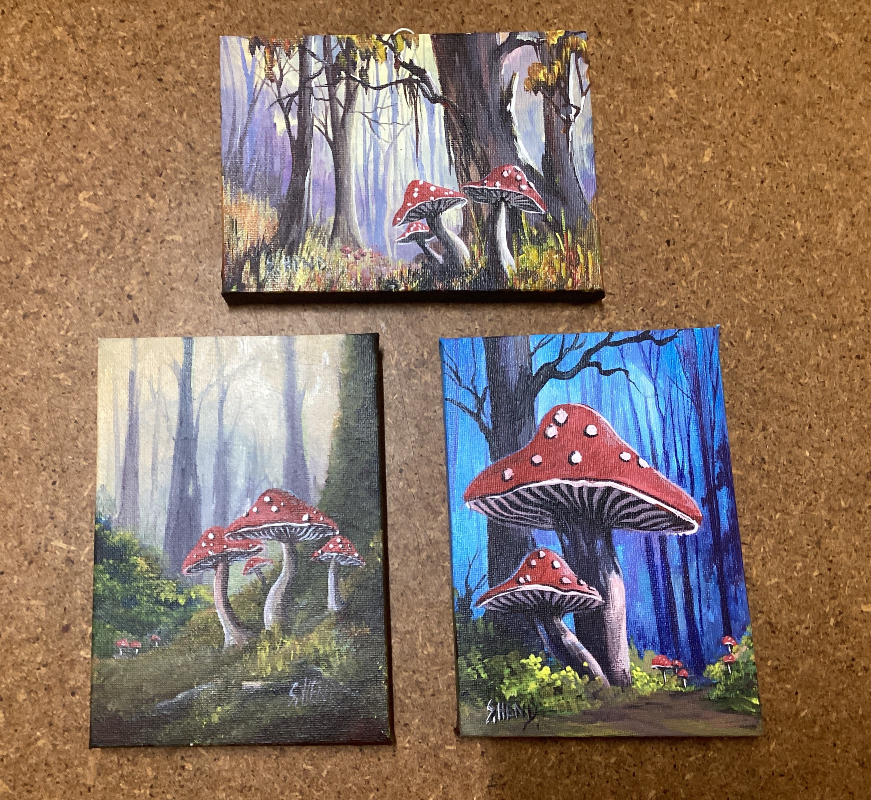 "Mushrooms" Miniature Original Acrylic Painting On Stretched Canvas 7x 5” By Sue Hend-Hand Picked Imports