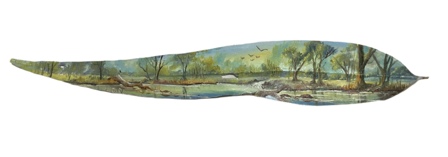 Water Scene Hand Painted Gum Leaf By Artist Sue Hend Russell-Hand Picked Imports