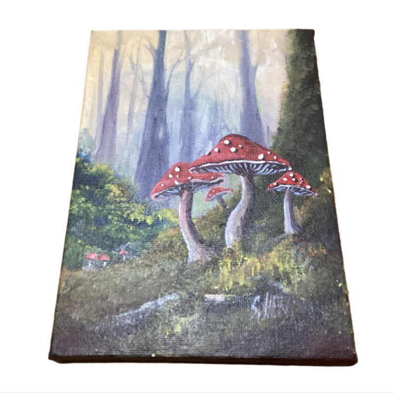 "Mushrooms" Miniature Original Acrylic Painting On Stretched Canvas 7x 5” By Sue Hend-Hand Picked Imports