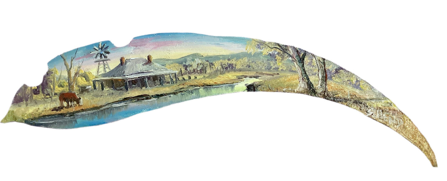 Hand Painted Gum Leaf Country Scene with Cow By Artist Sue Hend Russell-Hand Picked Imports
