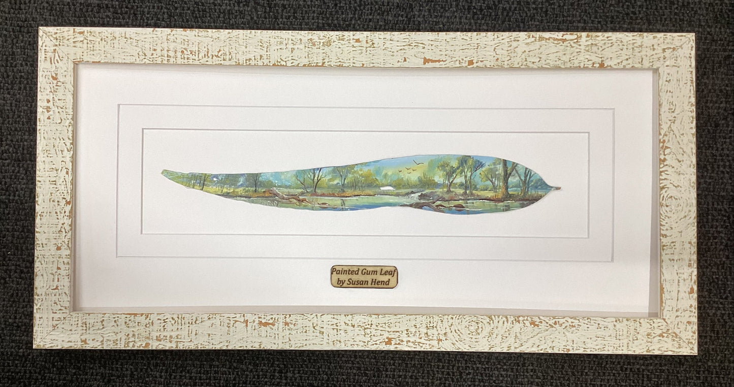 Water Scene Hand Painted Gum Leaf By Artist Sue Hend Russell-Hand Picked Imports