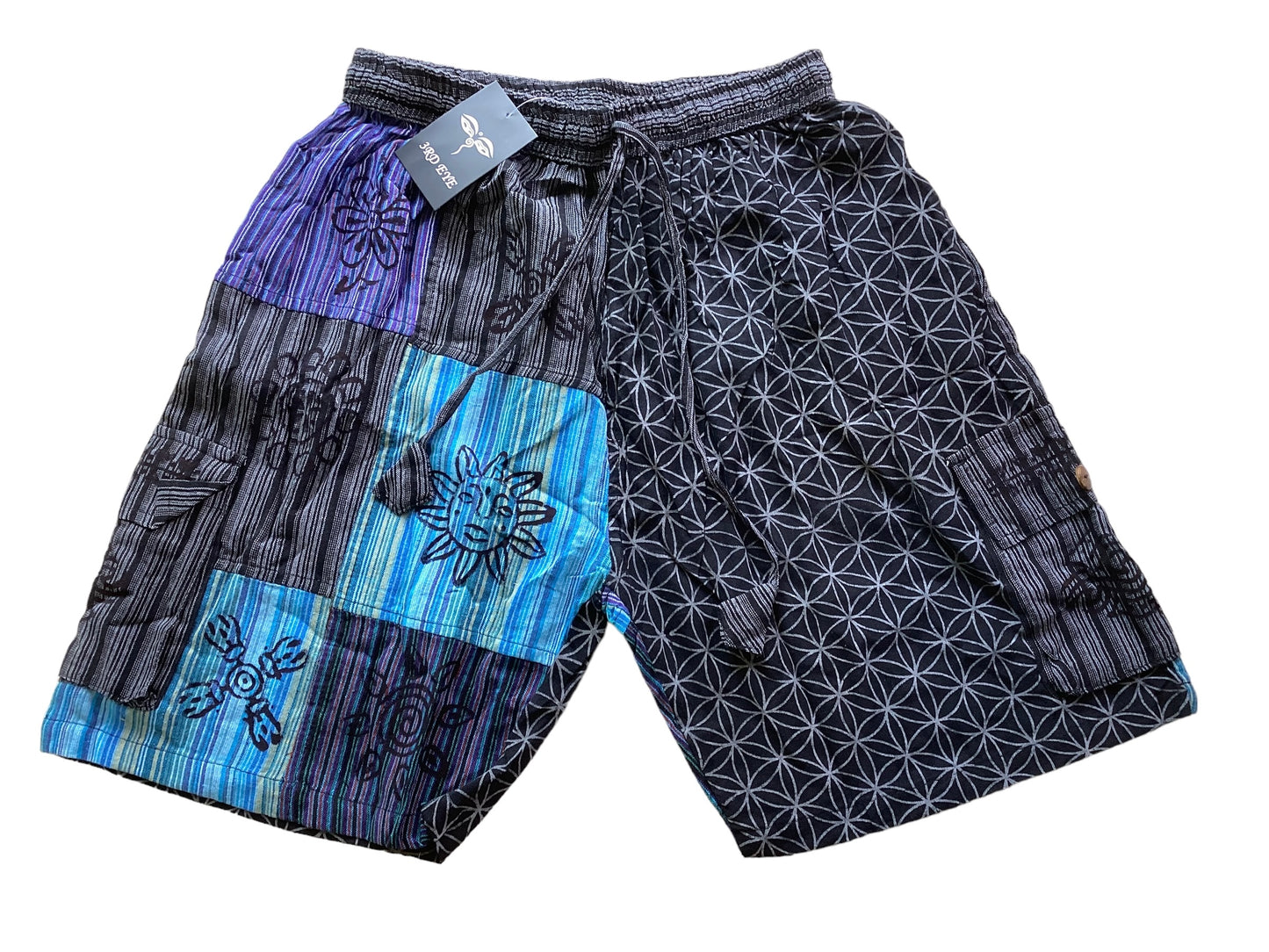 Men’s /Unisex Blue Patchwork Cargo Cotton Shorts Size Large-Hand Picked Imports