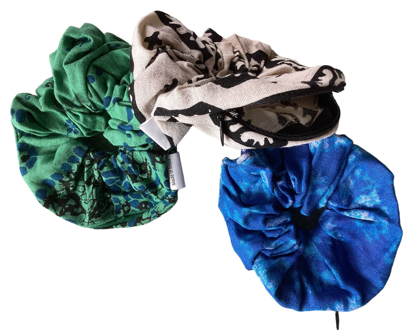 3Pc Hippie BoHo Cotton Scrunchies with Secret Pocket/Zipper Made in India-Hand Picked Imports