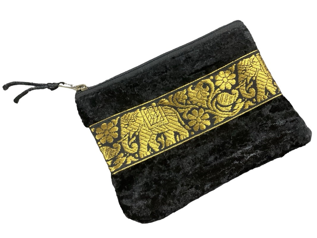 Small Velvet Coin Purse with Gold Elephant & Flower Design-Hand Picked Imports