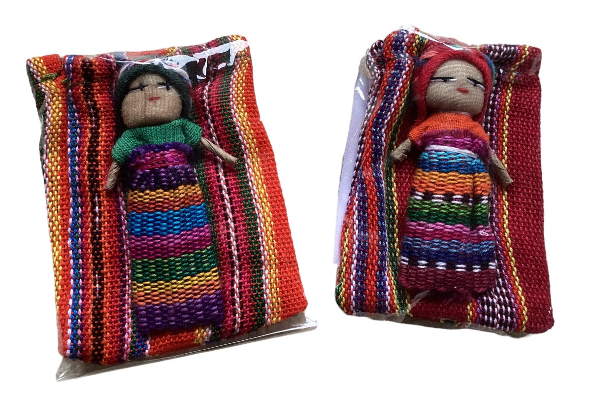 2 x Large WORRY DOLL In Textile Bag - Handmade In Guatemala-Hand Picked Imports