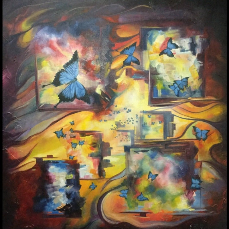 Original Painting Blue Butterflies On Stretched Canvas 76 X 76 X 3.5 cm-Hand Picked Imports