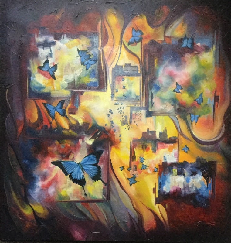 Original Painting Blue Butterflies On Stretched Canvas 76 X 76 X 3.5 cm-Hand Picked Imports