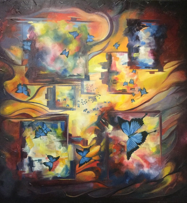 Original Painting Blue Butterflies On Stretched Canvas 76 X 76 X 3.5 cm-Hand Picked Imports