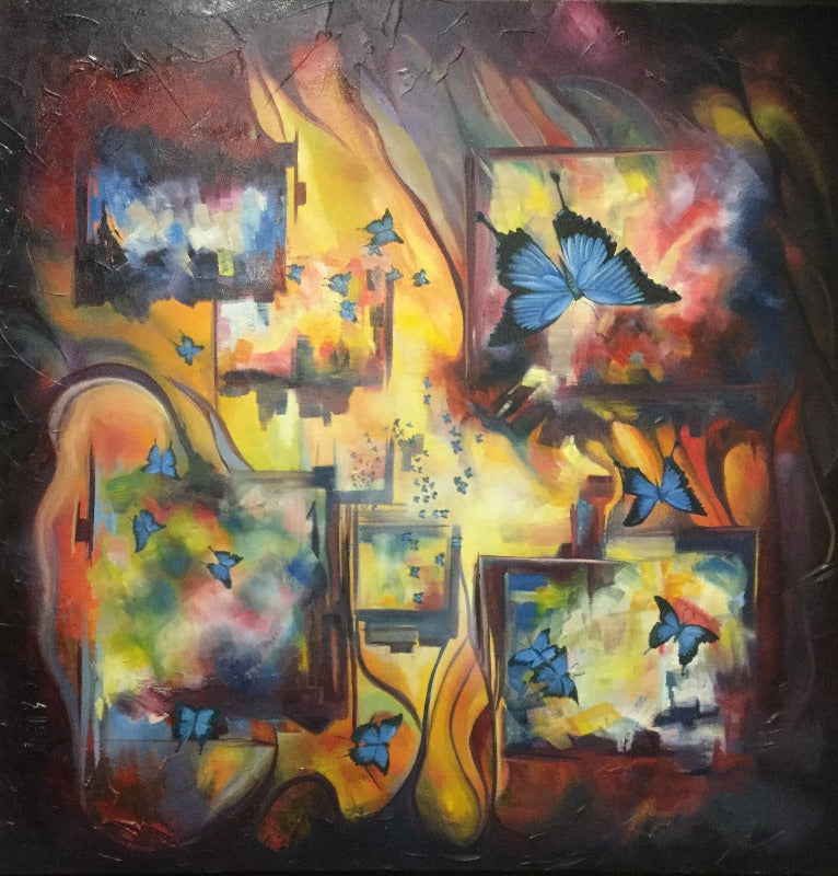 Original Painting Blue Butterflies On Stretched Canvas 76 X 76 X 3.5 cm-Hand Picked Imports