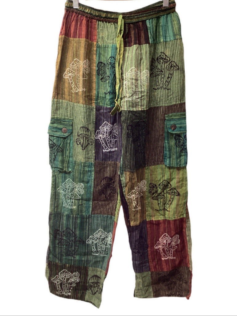 Men's/ Unisex Festive Cotton Mushroom Patchwork Cargo Pants Size Medium