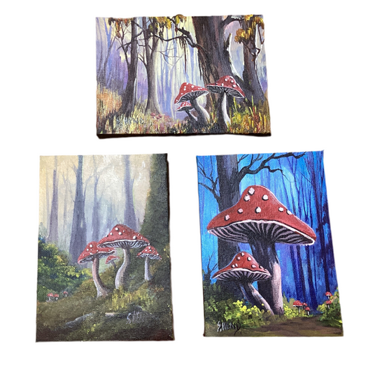 "Mushrooms" Miniature Original Acrylic Painting On Stretched Canvas 7x 5” By Sue Hend-Hand Picked Imports