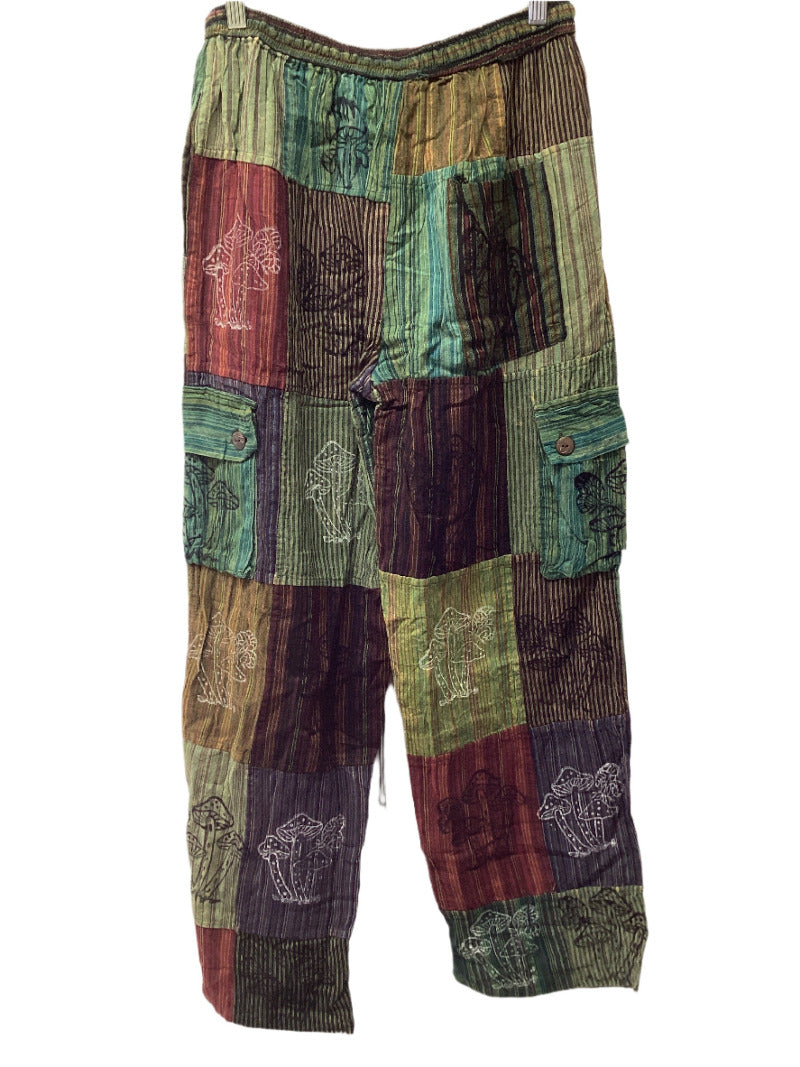 Men's/ Unisex Festive Cotton Mushroom Patchwork Cargo Pants Size Medium