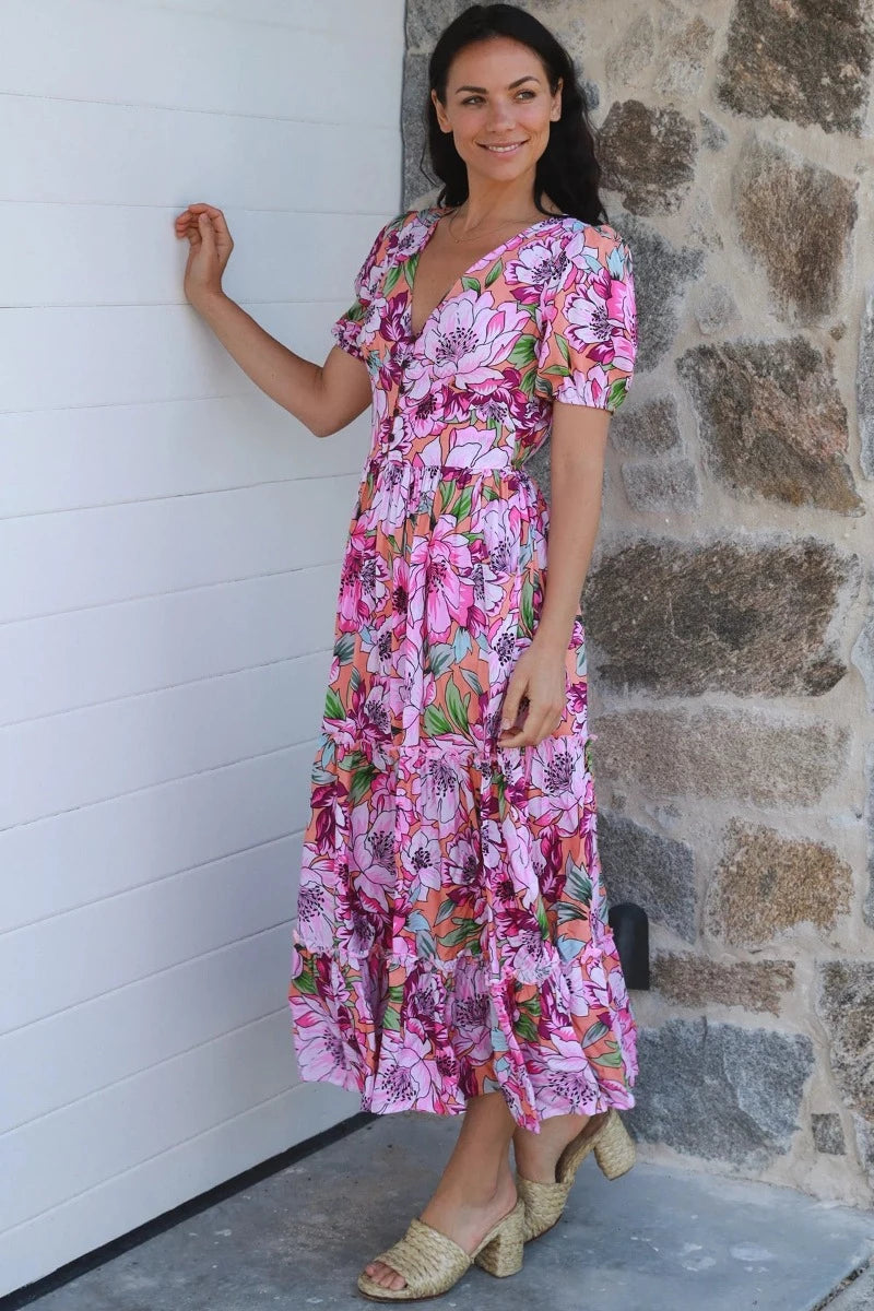 V Neck Rayon Floral Print Midi Dress Sizes S, M, L, & XL-Hand Picked Imports