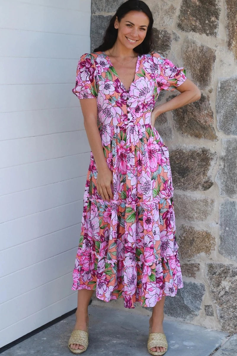 V Neck Rayon Floral Print Midi Dress Sizes S, M, L, & XL-Hand Picked Imports