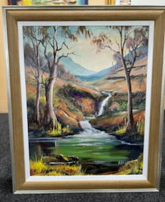 Framed Waterfall Painting on Stretched Canvas By Artist Susan Hend Size 16x20"-Hand Picked Imports