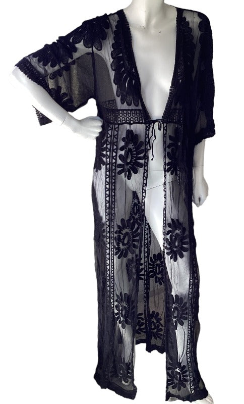 Ladies Long Black Lace Kimono-Hand Picked Imports