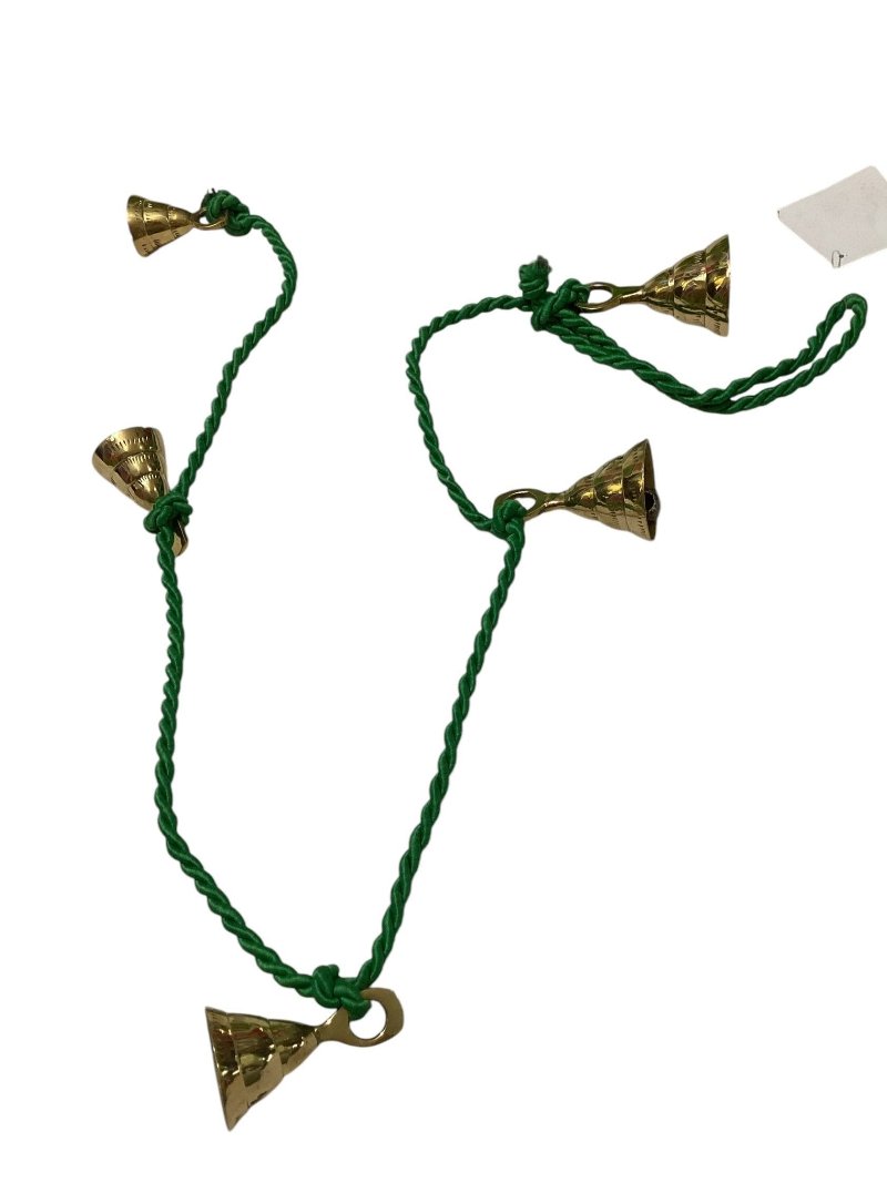 Green String of 5 Solid Brass Bells 92cm Long-Hand Picked Imports