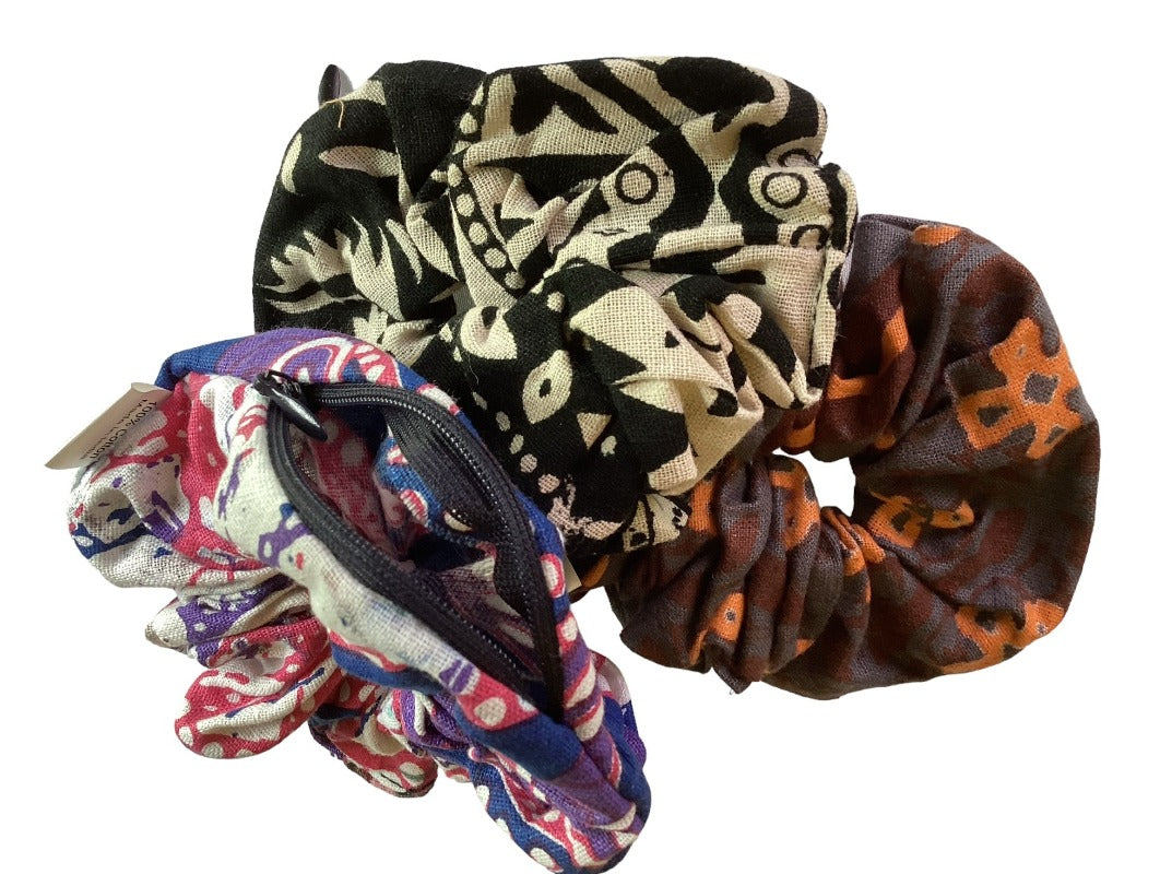 3Pc Hippie BoHo Cotton Scrunchies with Secret Pocket/Zipper Made in India-Hand Picked Imports