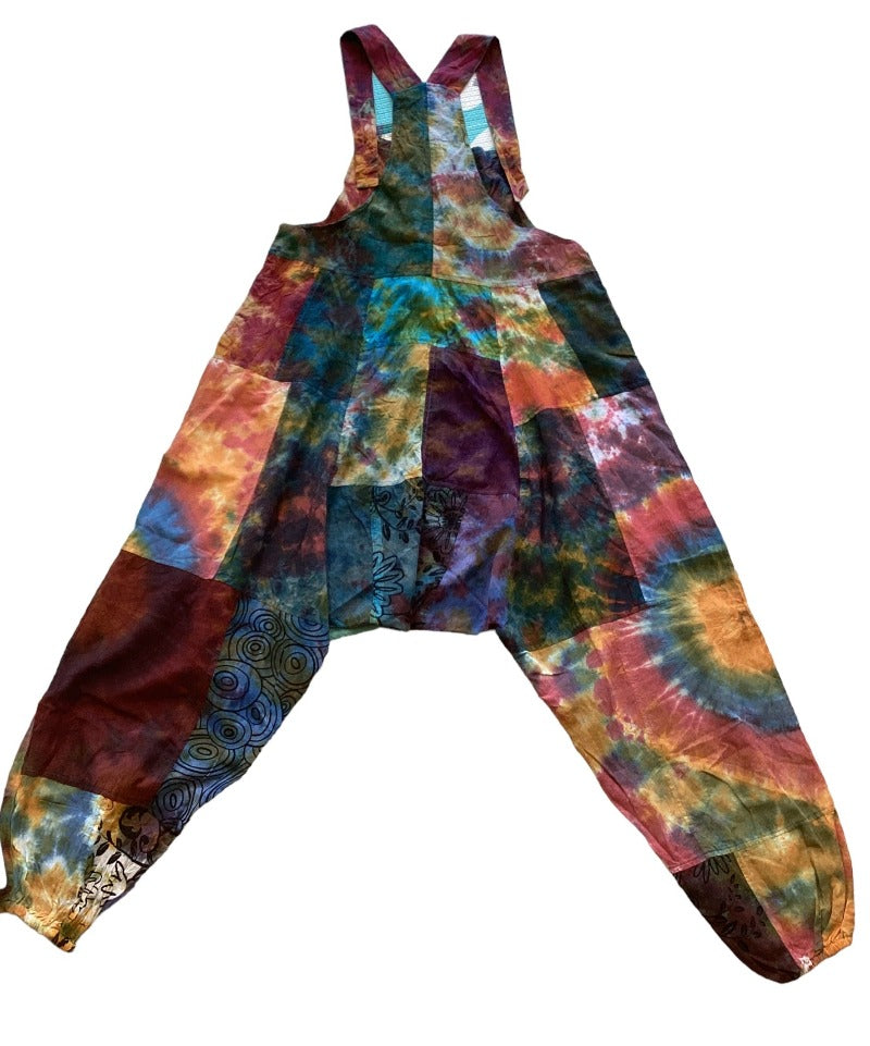 Tie Dyed Patchwork Festival Hippie Aladdin Overalls Size XL from Nepal-Hand Picked Imports