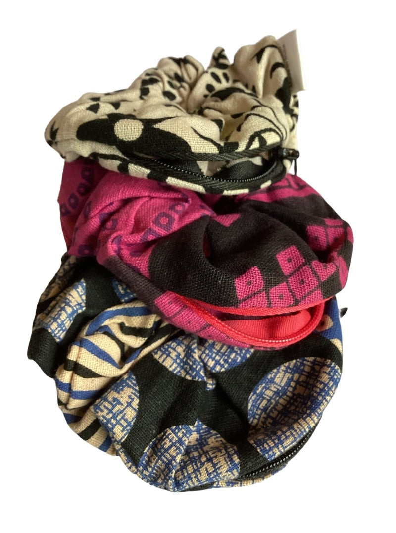 3Pc Hippie BoHo Cotton Scrunchies with Secret Pocket/Zipper Made in India-Hand Picked Imports