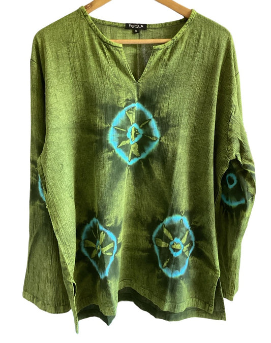 Men's Green Tie Dyed Long Sleeve BoHo Hippie Shirt Size M,L,& XL-Hand Picked Imports