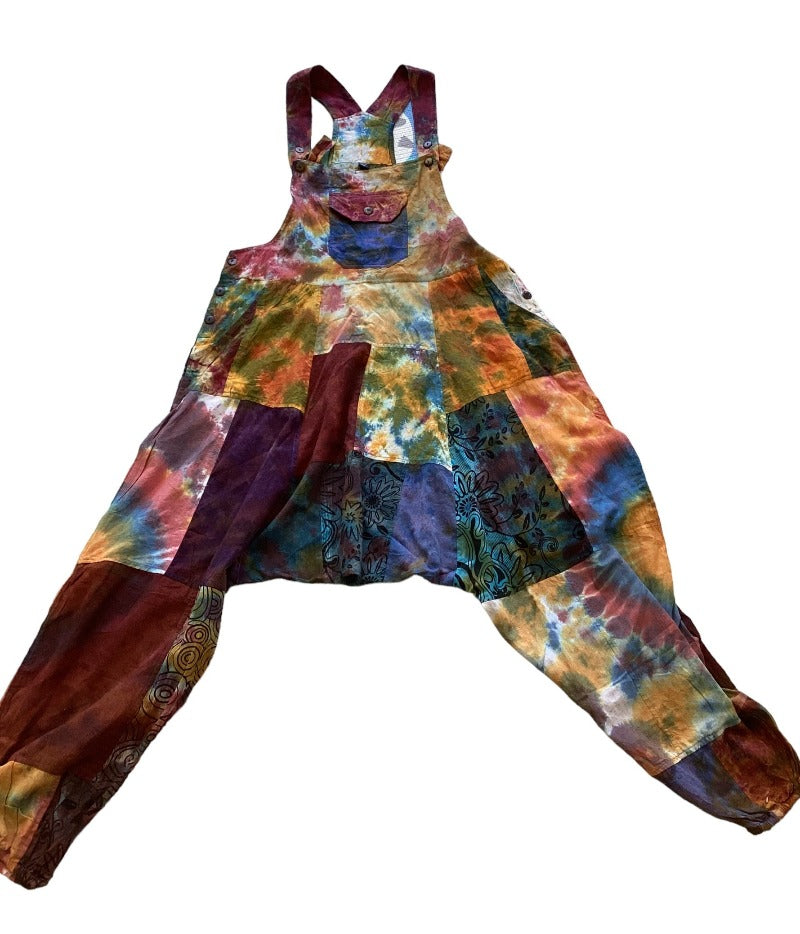 Tie Dyed Patchwork Festival Hippie Aladdin Overalls Size XL from Nepal-Hand Picked Imports