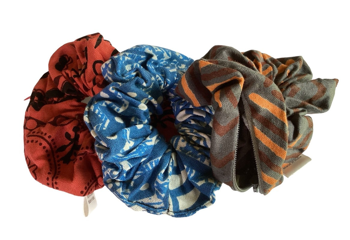 3Pc Hippie BoHo Cotton Scrunchies with Secret Pocket/Zipper Made in India-Hand Picked Imports