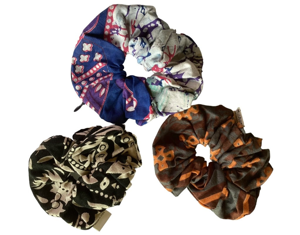 3Pc Hippie BoHo Cotton Scrunchies with Secret Pocket/Zipper Made in India-Hand Picked Imports