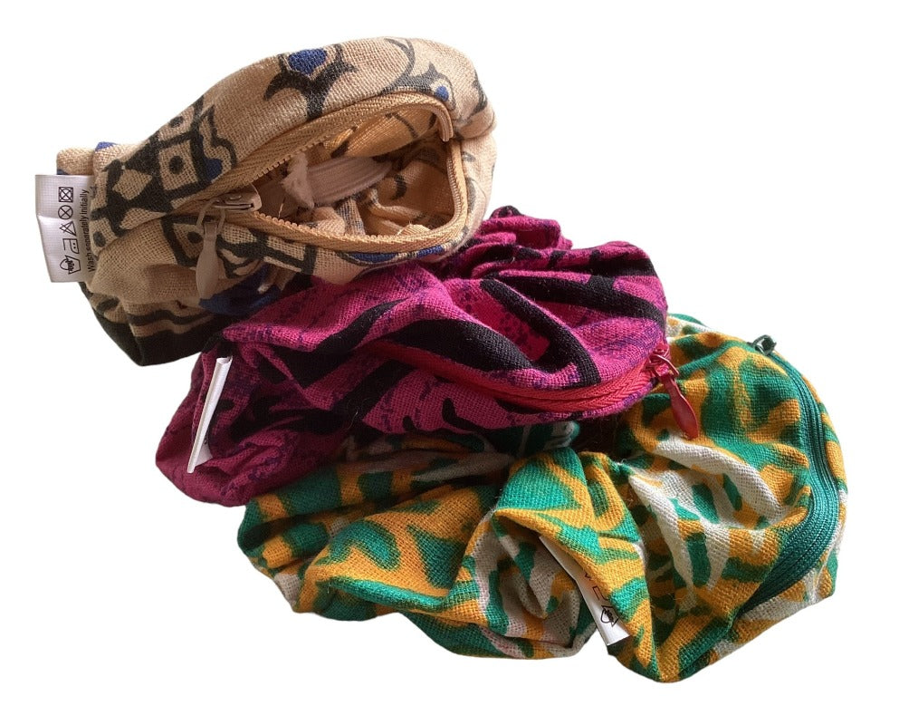 3pc Hippie BoHo Cotton Scrunchies with Secret Pocket/Zipper Made in India-Hand Picked Imports