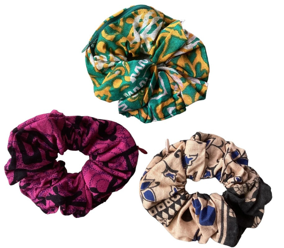3pc Hippie BoHo Cotton Scrunchies with Secret Pocket/Zipper Made in India-Hand Picked Imports