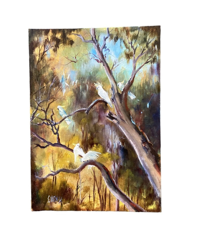 Cockatoos Oil on Canvas 10" x 14" By Susan Hend Russell-Hand Picked Imports