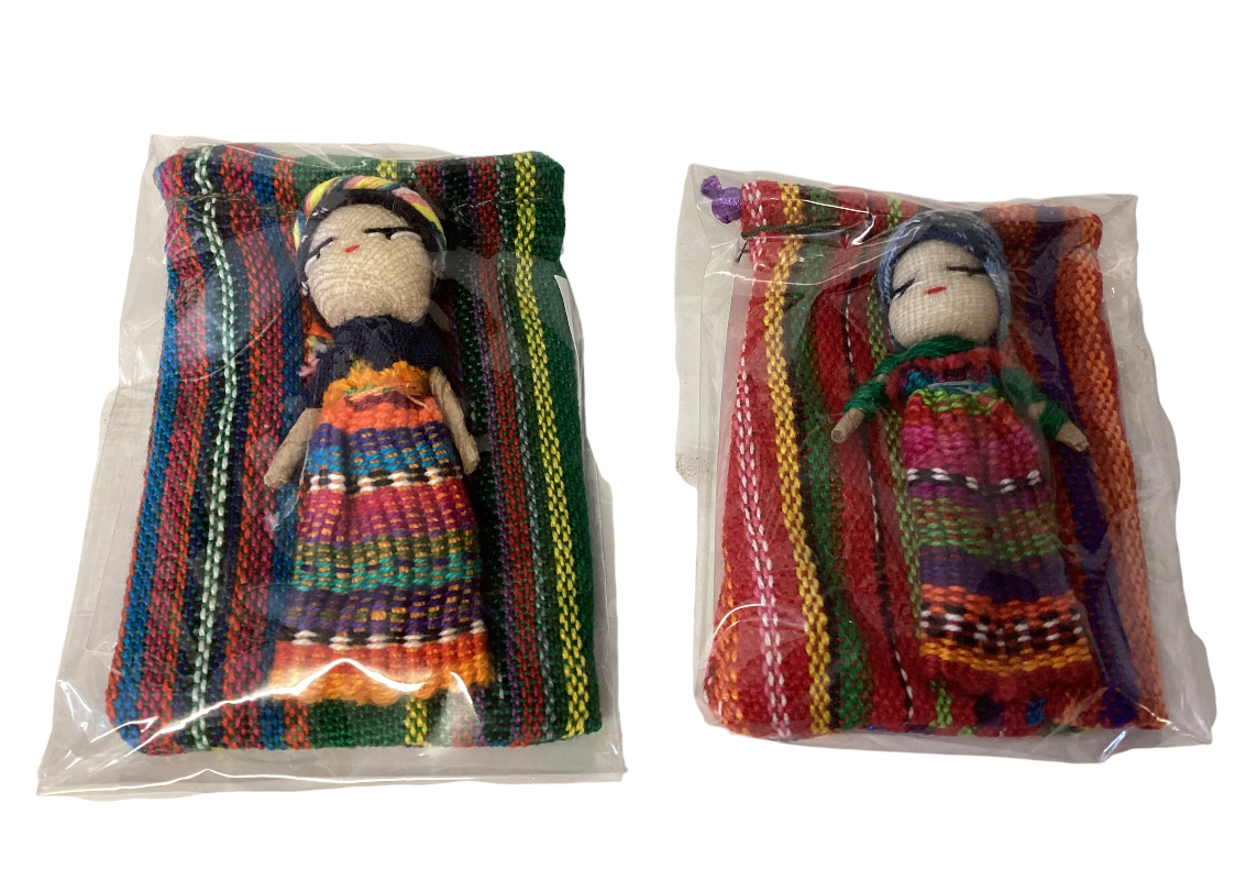 2 x Large WORRY DOLL In Textile Bag - Handmade In Guatemala-Hand Picked Imports