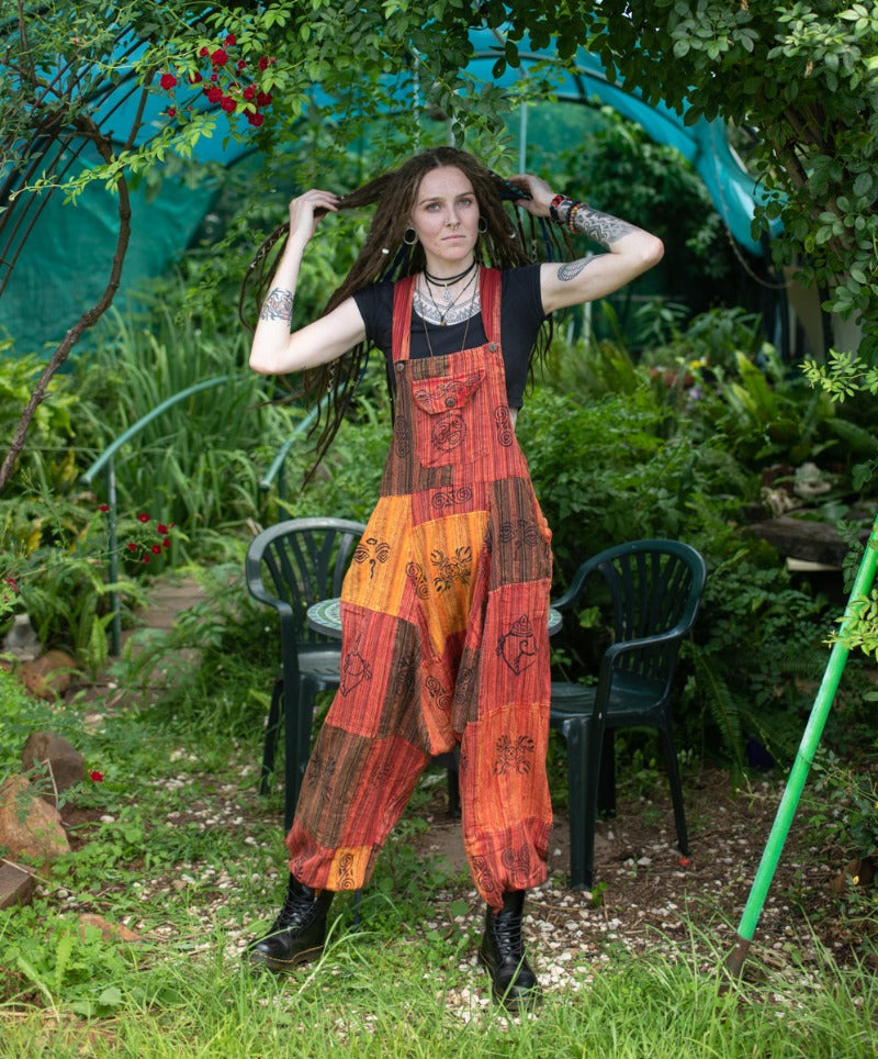 Red Festival Hippie Aladdin Patchwork Overalls from Nepal-Hand Picked Imports