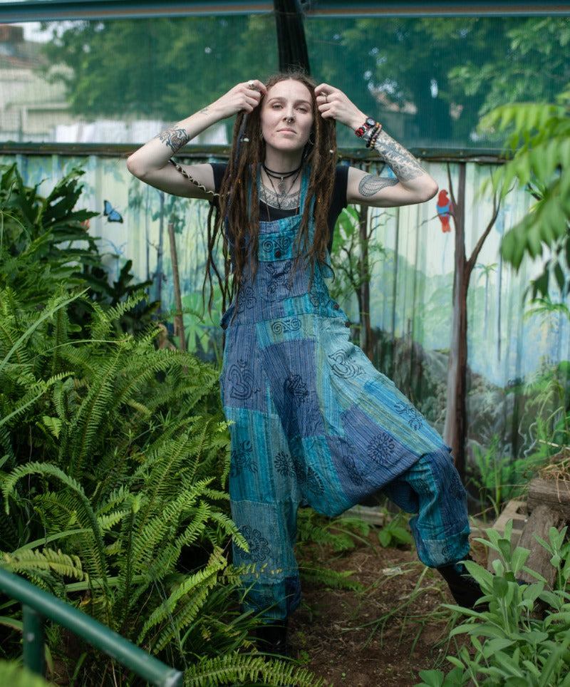 Blue Patchwork Hippie festival Overalls from Nepal-Hand Picked Imports