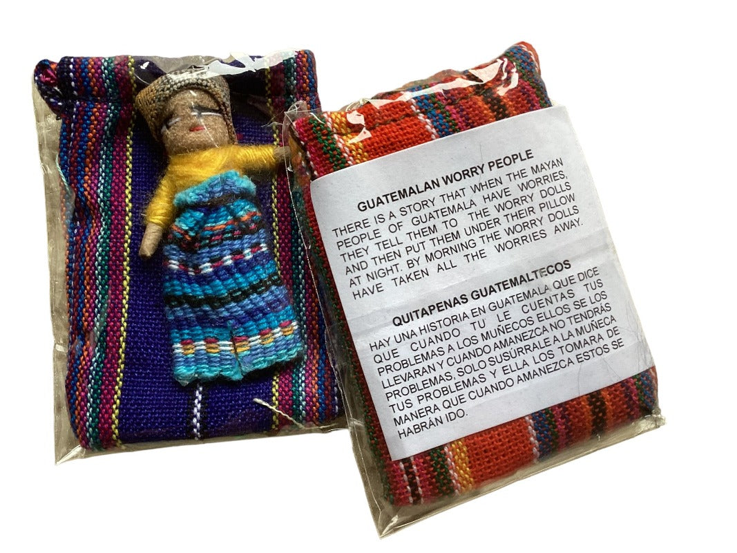 2 x Large WORRY DOLL In Textile Bag - Handmade In Guatemala-Hand Picked Imports