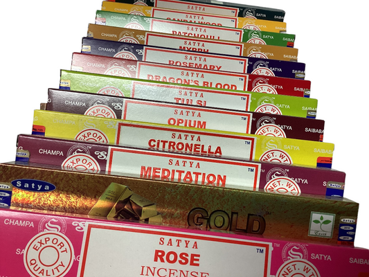 8 varieties of Satya Incense Sticks including White Sage and Dragons Blood-Hand Picked Imports