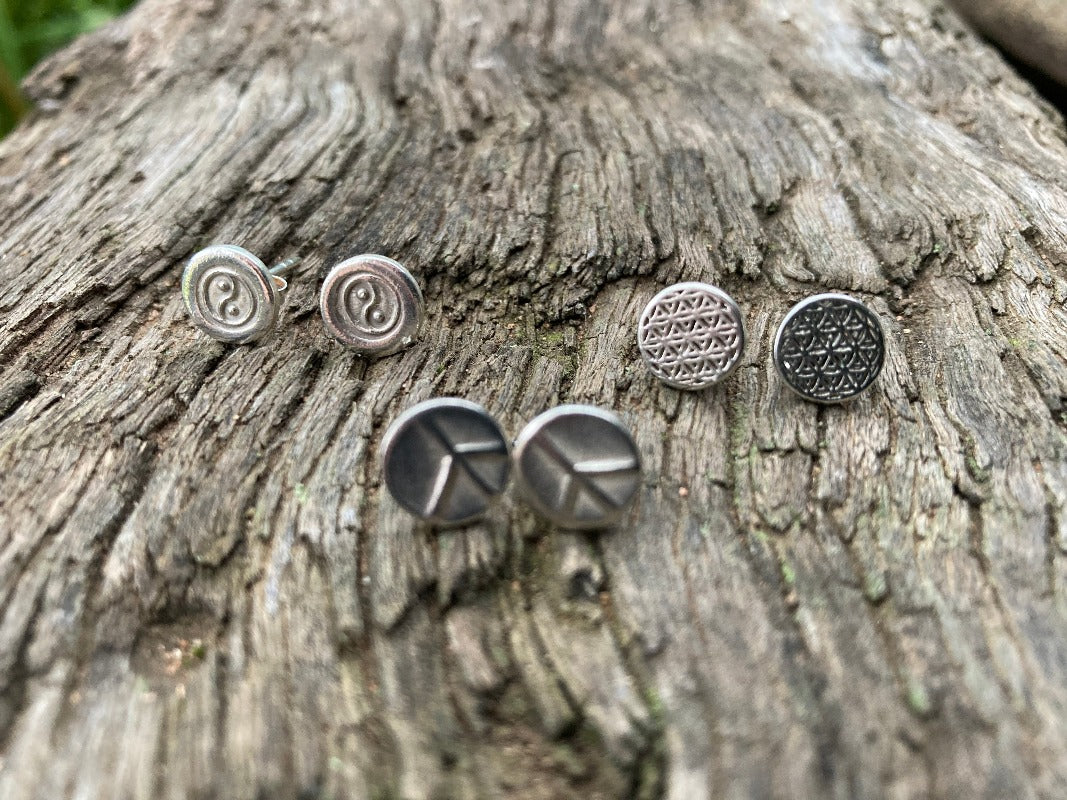 Karen Hill Tribe Sterling Silver Flower of Life, Ying Yang, and Peace Sign Stud Earrings-Hand Picked Imports