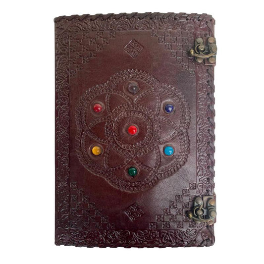 Large Medieval Embossed Leather Book/Journal Handmade Paper with Chakra Stones-Hand Picked Imports