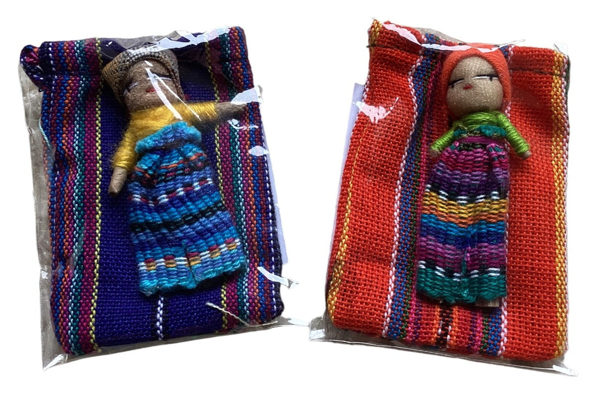 2 x Large WORRY DOLL In Textile Bag - Handmade In Guatemala-Hand Picked Imports