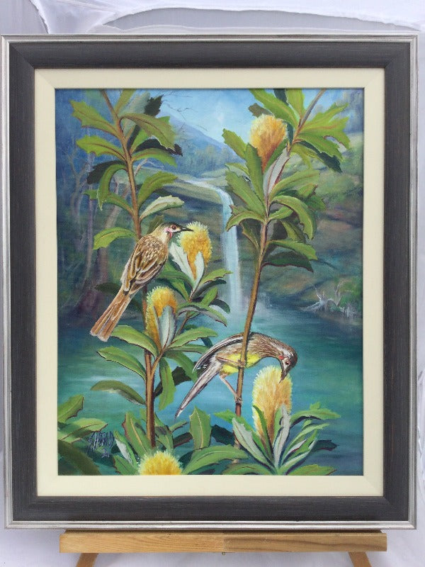 Original Hand Painted Wattle Birds Framed Canvas Painting 64 H X 53 cm W-Hand Picked Imports