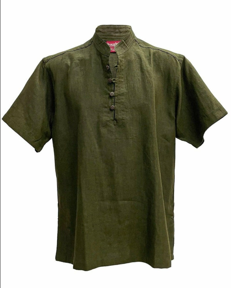 Men's/Unisex Short Sleeve Grandpa Collar Hemp Shirt Green-Hand Picked Imports